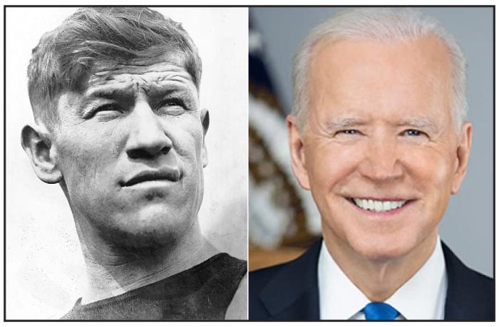 Two photos: At left a black and white head and shoulders photo of Jim Thorpe. And at right a head and shoulders photo of president Joe Biden