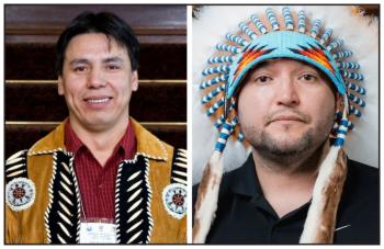 Two photos of two men. At left Grand Chief Arthur Noskey wears a buckskin jacket. At right, Grand Chief Cody Thomas wears a feather headdress.