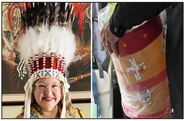 Two photos: A smiling national chief wears her headdress with pride in the photo on the left. The headdress in a case is put in a plastic bag by Air Canada staff to be stowed in the underbelly of the plane.