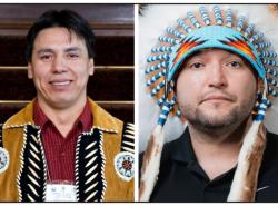 Two photos of two men. At left Grand Chief Arthur Noskey wears a buckskin jacket. At right, Grand Chief Cody Thomas wears a feather headdress.