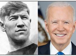 Two photos: At left a black and white head and shoulders photo of Jim Thorpe. And at right a head and shoulders photo of president Joe Biden