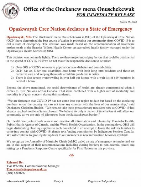 Opaskwayak Cree Nation declare state of emergency 