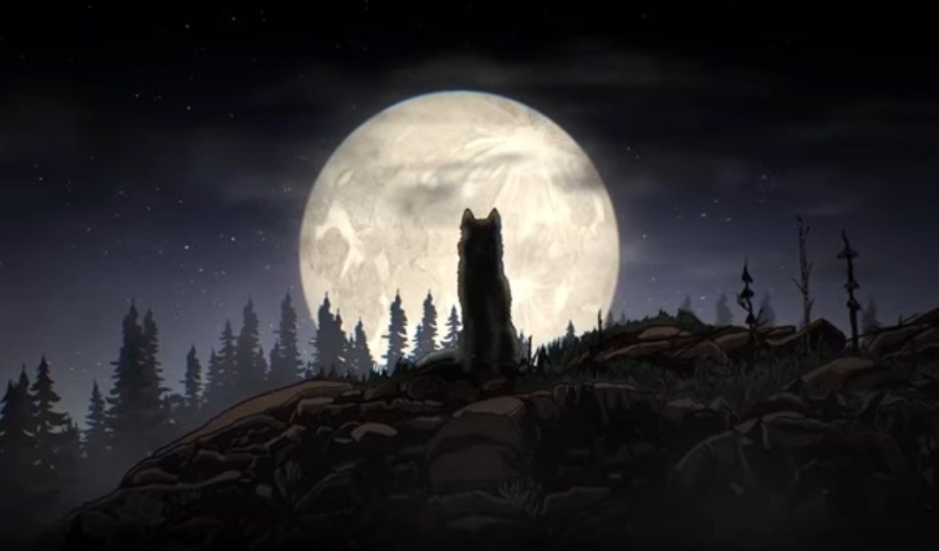 A animated image of a wolf's silhouette against a full moon.