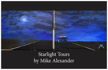 Two canvases tell one story. Twilight in a vast sky. Clouds flow by the moon. A lonely black top road stretches to the horizon. A solitary police car is parked by the side of the road.