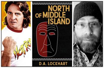 Three photos: At left is a photo of wrestler Rowdy Roddy Piper wearing his signature with T-shirt with the word Hotrod on it. Middle: The cover of a book that has a mask on it. At right a photo of a bearded man wearing black toque.