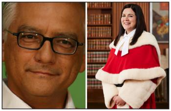 Two photos. One is a formal shot of a man's face. He wears glasses and smiles slightly at the camera. The photo on the right is of a Supreme Court of Canada justice. She wears the crimson robes with white fur trim.