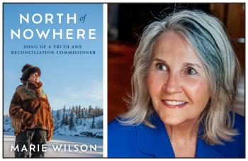 At left is the cover of a book that shows a woman dressed in beaded hide and fur  jacket. At right is a photo of the smiling author.