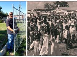 A man installs fencing around unmarked graves at Lac Ste Anne. Also, an archival photo of people being led by a man holding a large cross.