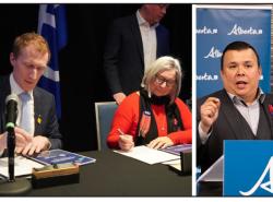 Two photos: At left, a man and a woman sit at a table and sign documents.  At right a man shouts into a mic at a podium.
