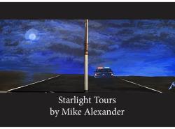 Two canvases tell one story. Twilight in a vast sky. Clouds flow by the moon. A lonely black top road stretches to the horizon. A solitary police car is parked by the side of the road.
