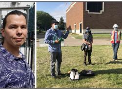 Two photos: At left is a photo of a man looking over his shoulder at the camera. At right from 2021: Three masked people are standing on a grassy area in front of a brown brick building taking part in an Indigenous ceremony.