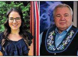 Two formal head and shoulders shots. One of a young woman with a Metis sash hanging beside her and one of a man who vest is beaded around the collar.