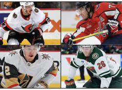 Four photos of NHL hockey players on the ice in action in their uniforms.