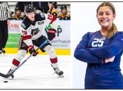 At left a hockey player on the ice prepares to take a shot on net. At right a young female soccer player stands with her arms folded across her chest. She is smiling at the camera.