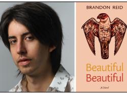 Two photos: At left is a head and shoulders shot of the young author. He has brown longish hair and a bit of stubble on his upper lip and chin. At right is a salmon-coloured cover of a book. Dominante is an illustration of a bird with wings bent close to the body, but out to the sides slightly.