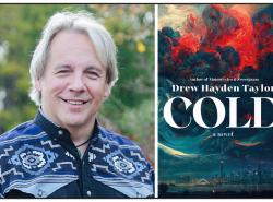 Two photos: At right is the cover of a book called Cold. At the bottom of the cover is the Toronto city skyline. Above the CN Tower is a swirling mass of angry clouds with red dominating the centre. At left is a photo of a man smiling toward the camera.