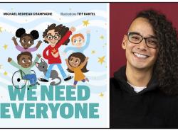 Two photos: At left is the cover of the children's book "We Need Everyone". It is illustrated with stars and features a diverse group of children playing. And there's a cat. At right is the author smiling towards the camera.