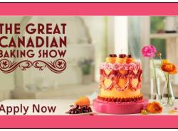A fancy decorated cake sits on a fancy decorated table in the casting call image for the Great Canadian Baking Show.