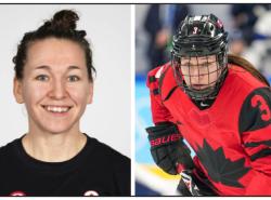 Two photos of the same woman. At left is a head and shoulders shot of a smiling woman with her hair in a knot at the top of her head. At left is her on the ice in full hockey gear wearing a red jersey with a maple leaf on the front.
