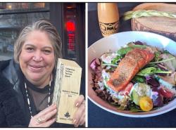 Two photo: At left is a woman holding up an award by her face. At right is a dish of salmon atop of mixed greens.