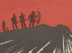 An illustration of the silhouettes of men with braids against a blood red background. One man in the front carries and eagle staff. Beneath their feet looking like a mountain is a woman laying upon the ground, her long hair sprawling.