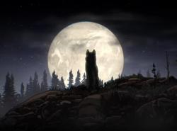 A animated image of a wolf's silhouette against a full moon.
