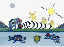 This is an illustration of a person sleeping on the grass beside a body of water which has beings swimming under the surface. The sun shines while being beings crawl on the person sleeping.