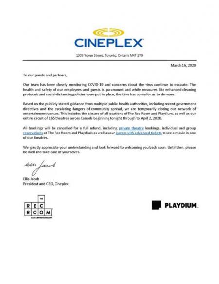 Cineplex closing across Canada until April 2
