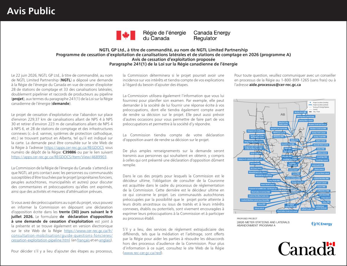 Programme de cessation d’exploitation de canalisations latérales et de stations de comptage en 2026 (programme A)